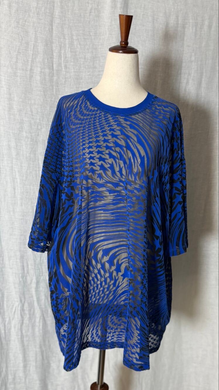 Mugler x H&M Swirling Star Sheer Mesh Oversize T-Shirt Top Klein Blue 
Size XL